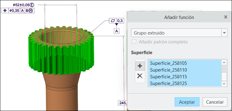 Mostrar los resultados de la selección de cuadro. Las superficies similares a engranajes del modelo cilíndrico se realzan en verde. En el cuadro de diálogo Añadir función (Add Feature) se muestra una lista de las superficies seleccionadas.