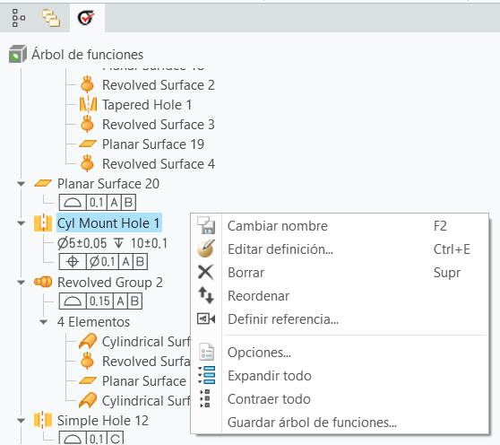 Árbol de funciones de la ficha GD&T Advisor en el que se muestra el menú contextual de una función. En el menú contextual se incluyen los comandos Cambiar nombre (Rename), Editar definición (Edit Definition), Borrar (Delete), Reordenar (Reorder), Definir referencia (Set Datum), Opciones (Options), Expandir todo (Expand All), Contraer todo (Collapse All) y Guardar árbol de funciones (Save Feature Tree).
