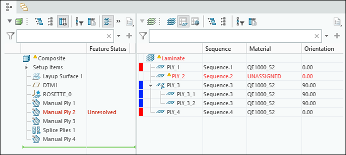 Laminate Manager showing PLY_2 with the UNASSIGNED label in the Material column and Composite Tree showing the associated feature Manual Ply 2 with the Unresolved feature status.
