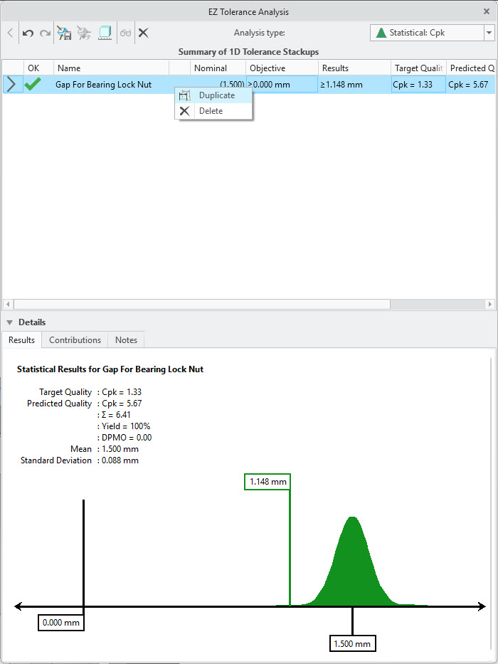 EZ Tolerance Analysis dialog box showing the Duplicate command on the shortcut menu of a stackup.