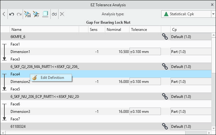 EZ Tolerance Analysis dialog box showing the Edit Definition command on the shortcut menu of a mating feature.