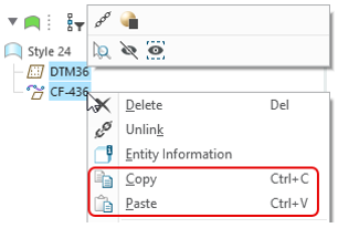 Right-click a Style feature in the Style Tree to see the Copy and Paste commands