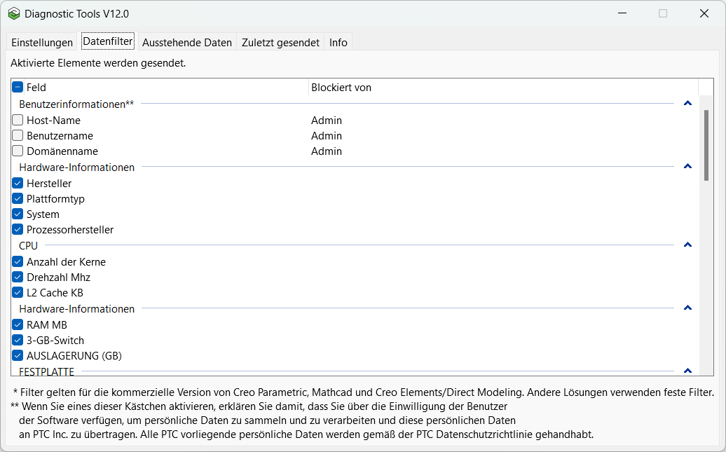 Datenfilter im Qualitätsagenten