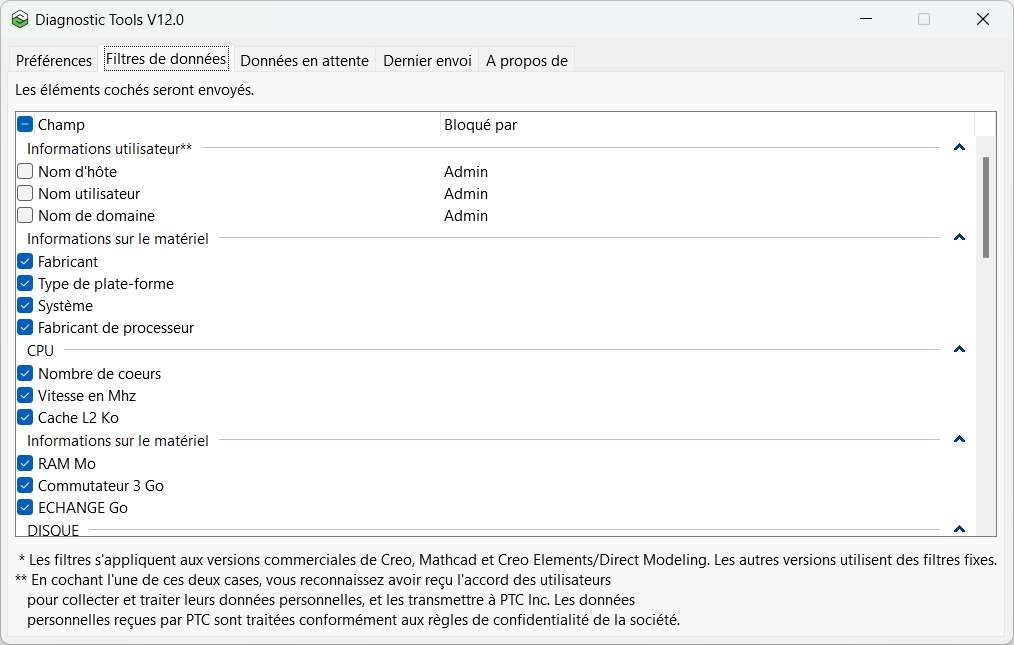 Filtres de données de l'Agent de qualité