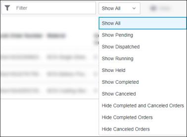 Drop-down list of job order statuses that the user can choose to hide or show.