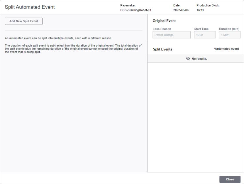The Split Automated Event window.