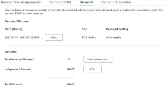 The Demand tab on the material details page.