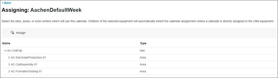 The Assigning page, for assigning a calendar to equipment.