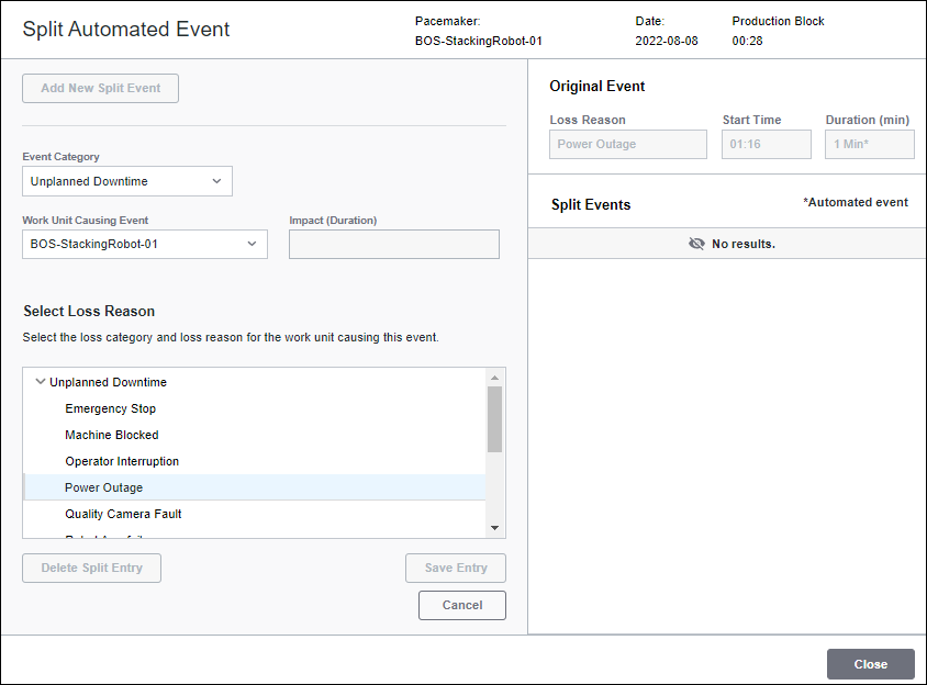 The Split Automated Event window with the new split event information showing in the left pane.