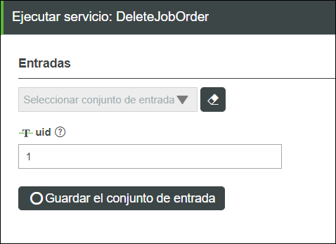 Pantalla de entrada para el servicio DeleteJobOrder.