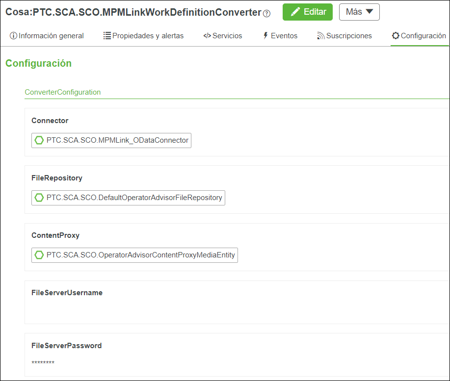 Convertidor de definición de trabajo de MPMLink de ThingWorx Composer.