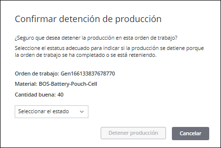 La ventana Confirmar detención de producción.