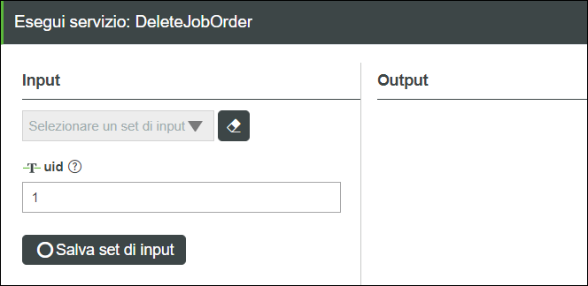Schermata di input per il servizio DeleteJobOrder.