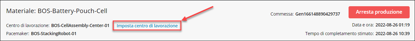 Primo piano del riquadro di identità in Dashboard di produzione con un rettangolo e una freccia rossi che evidenziano il pulsante Imposta centro di lavorazione.