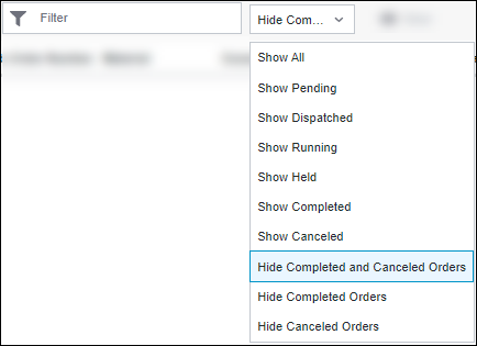 The dropdown list of job order statuses that the user can choose to hide or show.