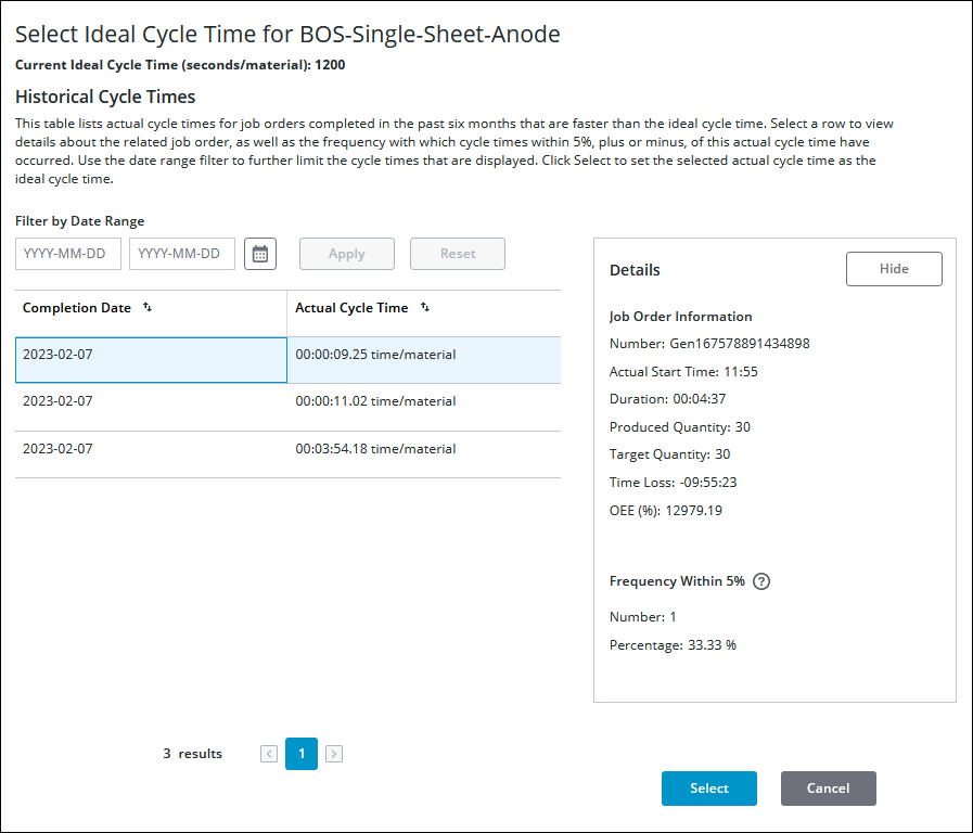 The Select Ideal Cycle Time window.