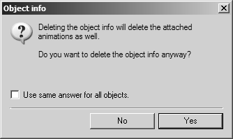 Delete animations along with object info warning dialog box