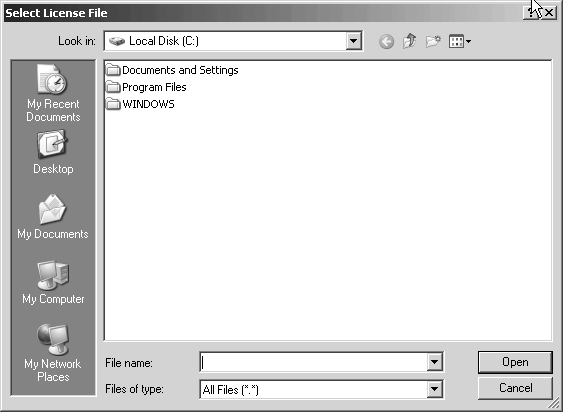 Select License File dialog box for Arbortext IsoDraw locked license