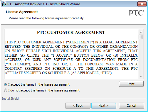 Arbortext IsoView7.3 - InstallShield Wizard dialog box, License Agreement page