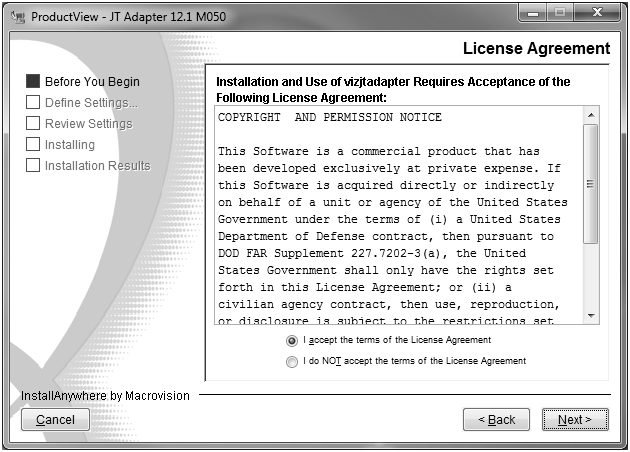 JT Adapter License Agreement panel