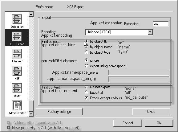 XCF Export preferences dialog box