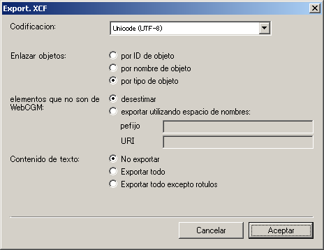 Cuadro de diálogo Exportación XCF