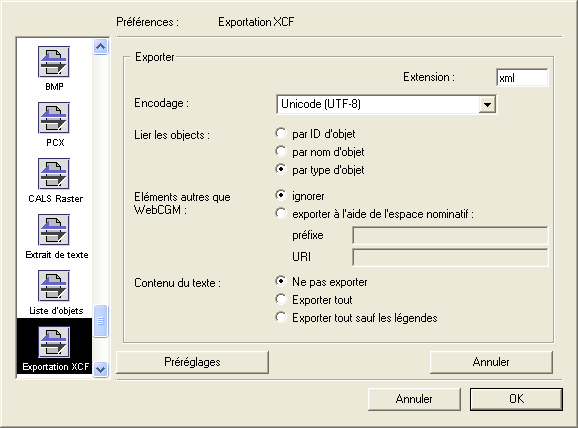 Page Préférences : Exportation XCF