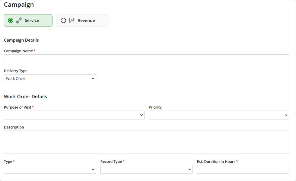 Create Service Campaign Screen