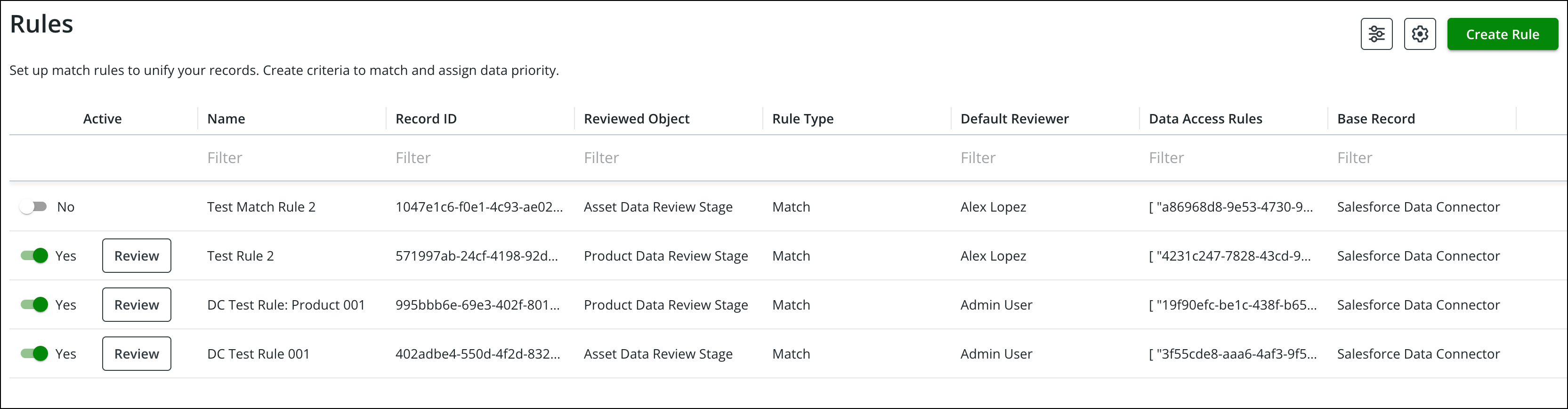 Matching Rules List View