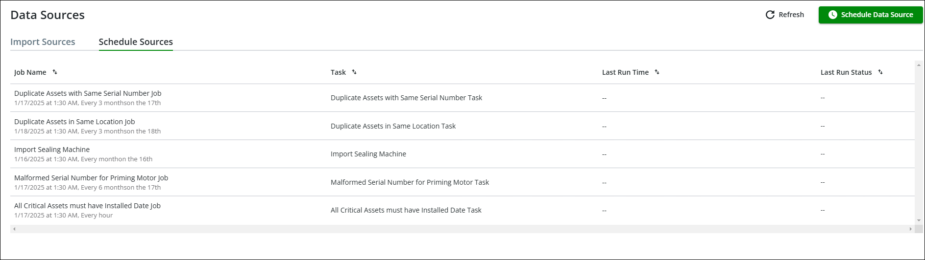 Schedule Sources List View