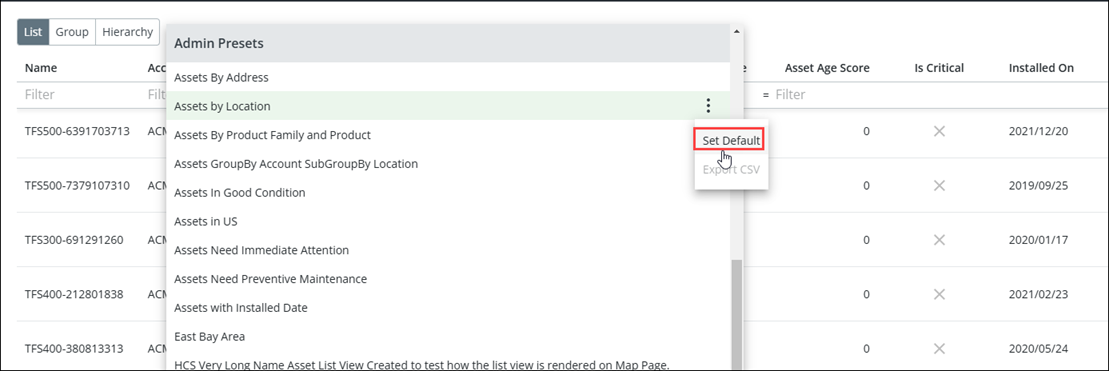 Set Default Asset List View