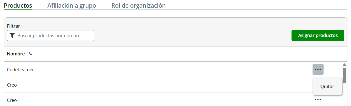 Una página de detalles del usuario en la que muestra el botón Asignar productos en la ficha Productos.
