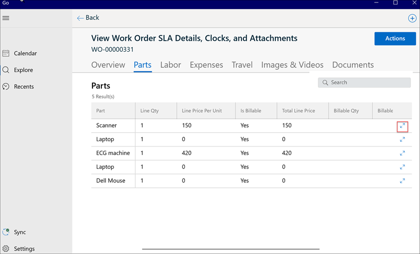 Viewing Child Parts tab