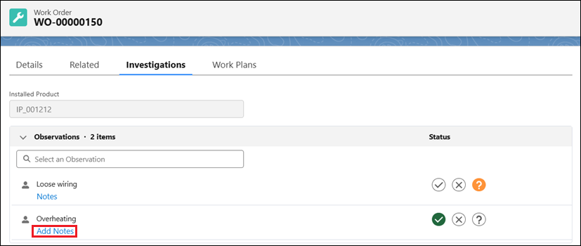 Add Notes link displayed beside an Observation, Root Cause, or Solution dictionary item in the Investigations tab.
