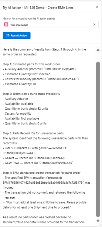 Try AI Action for Work Order (Create RMA Lines)
