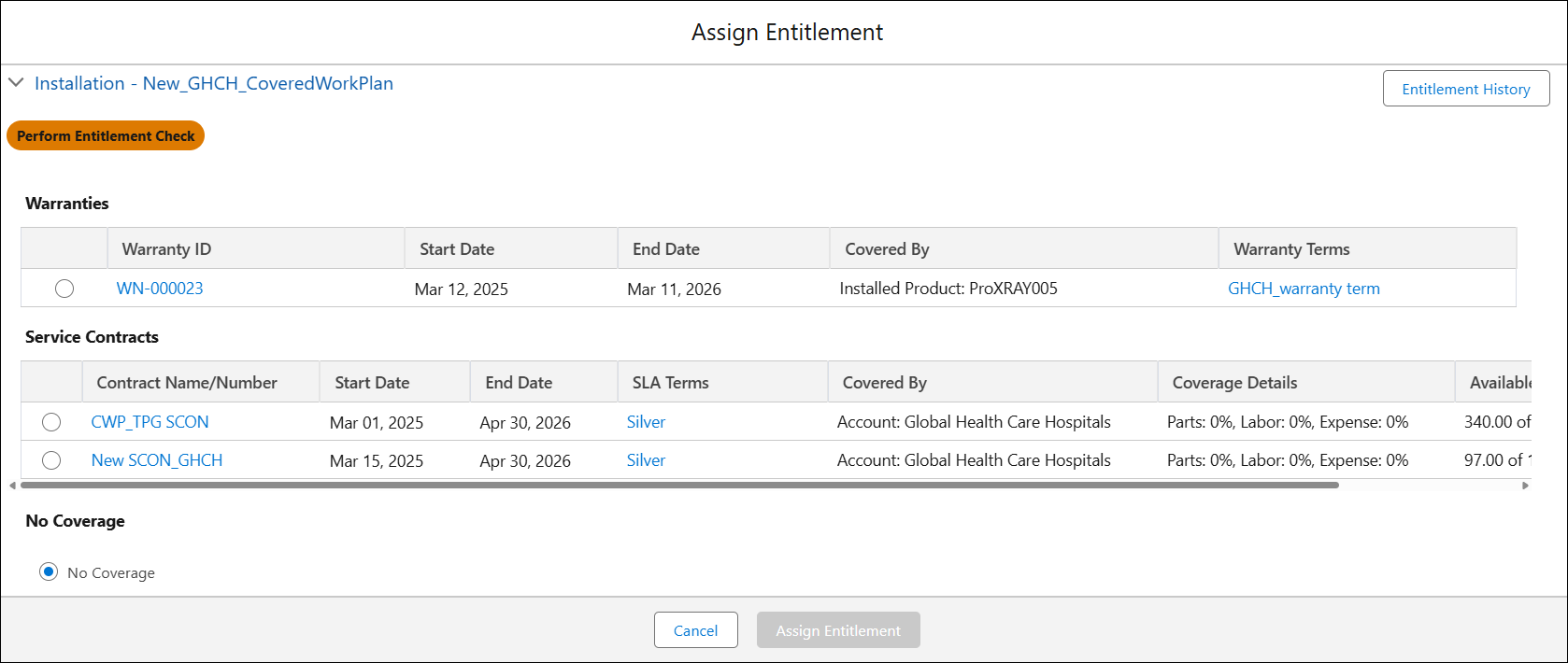 Assign Entitlement Window