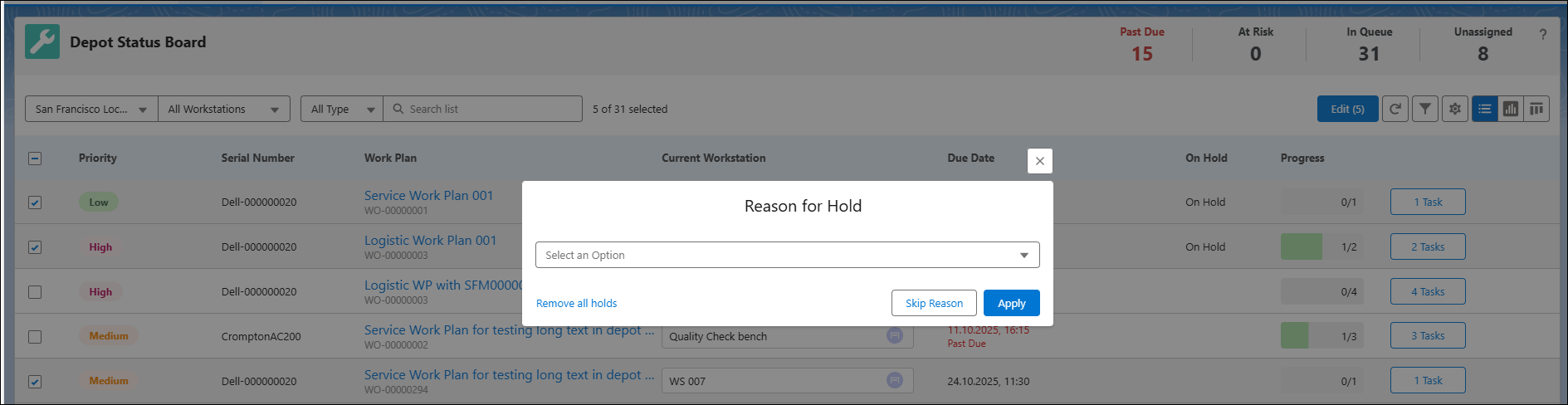 Bulk Edit Reason for Hold Window