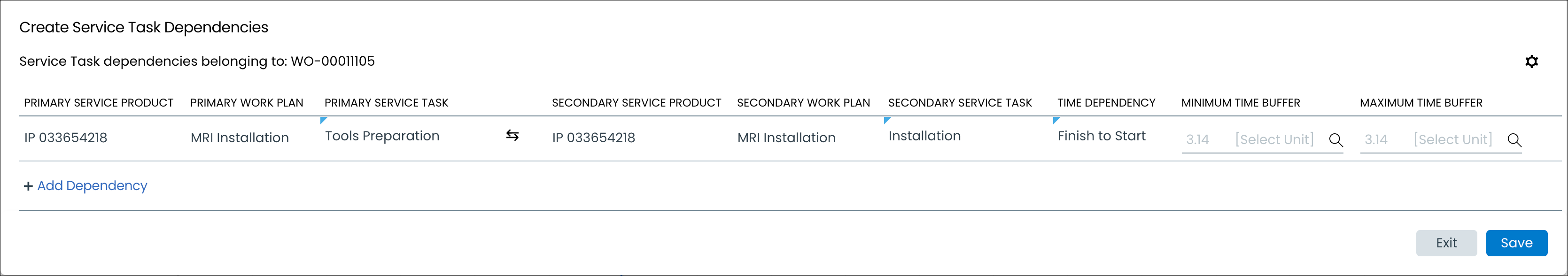 The image displays the Create Service Task Dependencies table