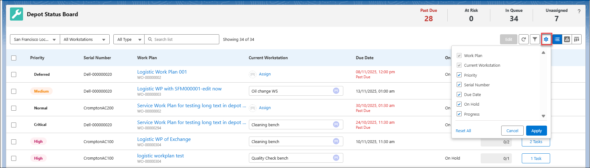 Customizing Columns using Settings in List View
