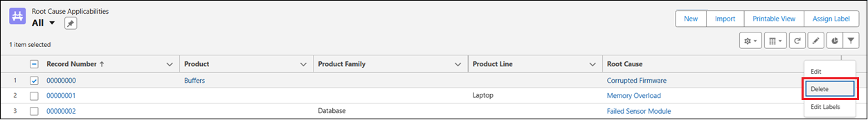 Delete Root Cause Applicability