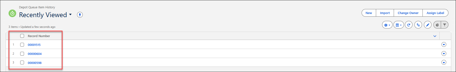 Depot Queue Item History Record Page