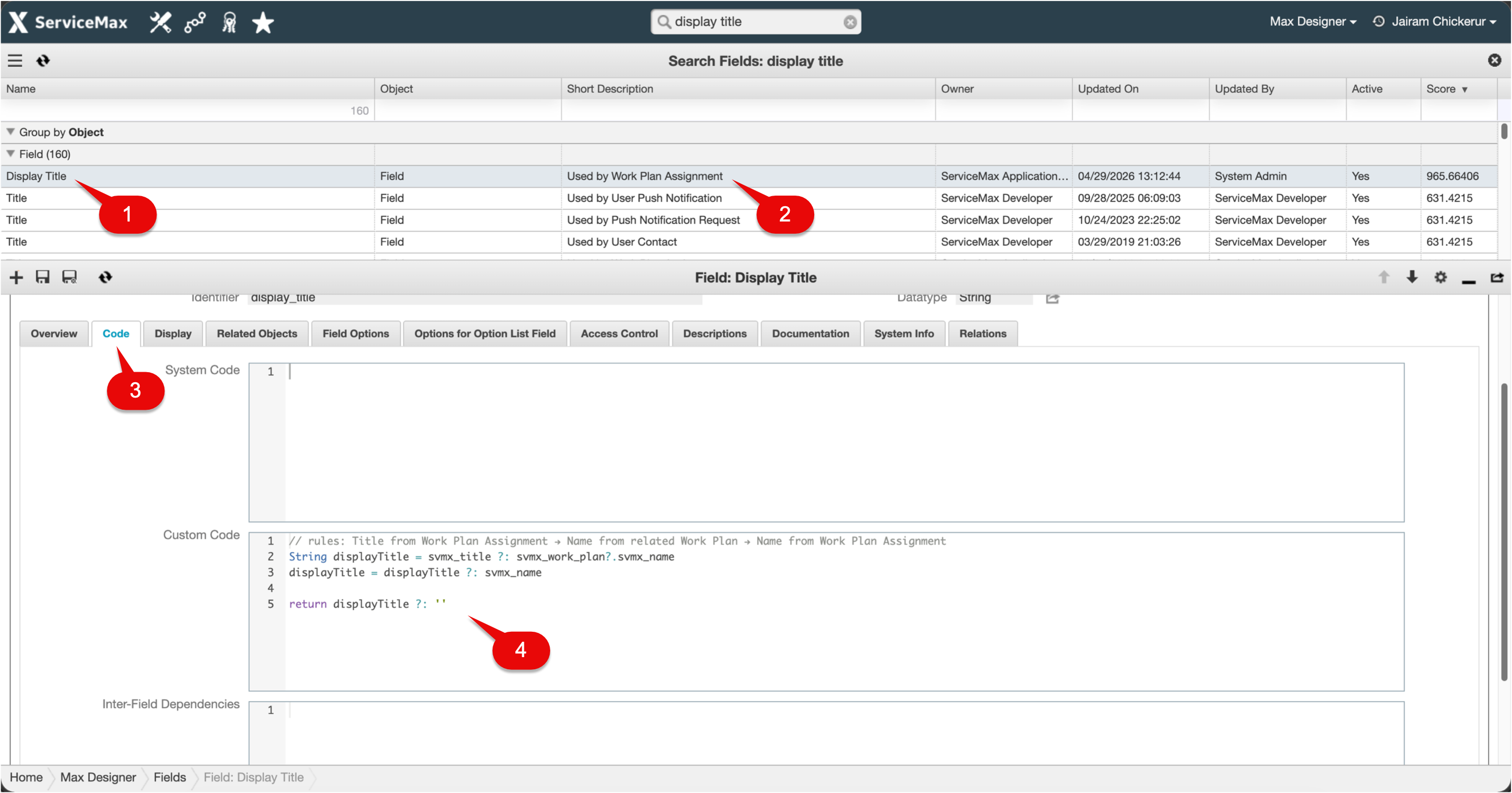 The image displays an example custom code to configure the Display Title in Work Plan Assignment