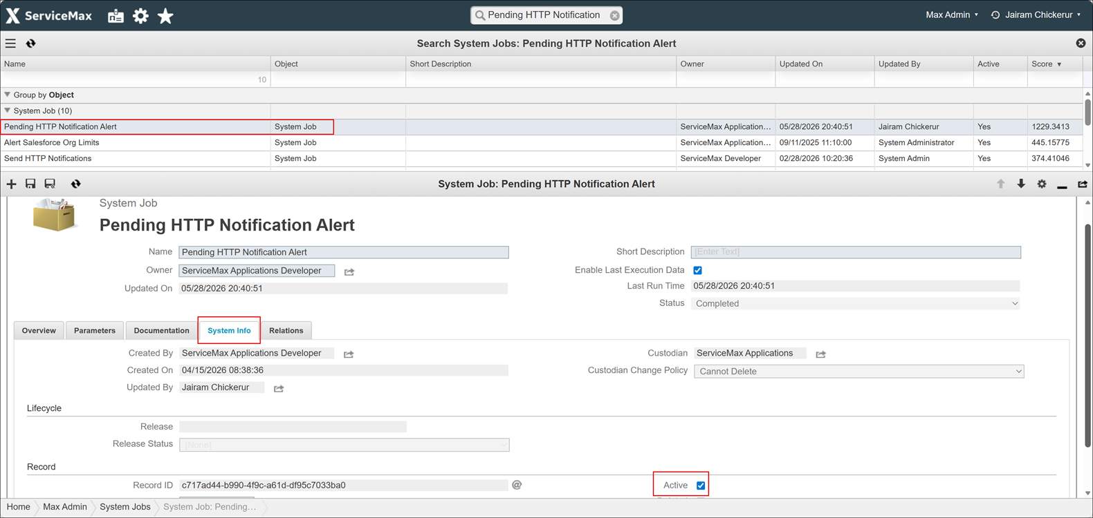 The image displays the process of enabling Pending HTTP Notification Alert system job