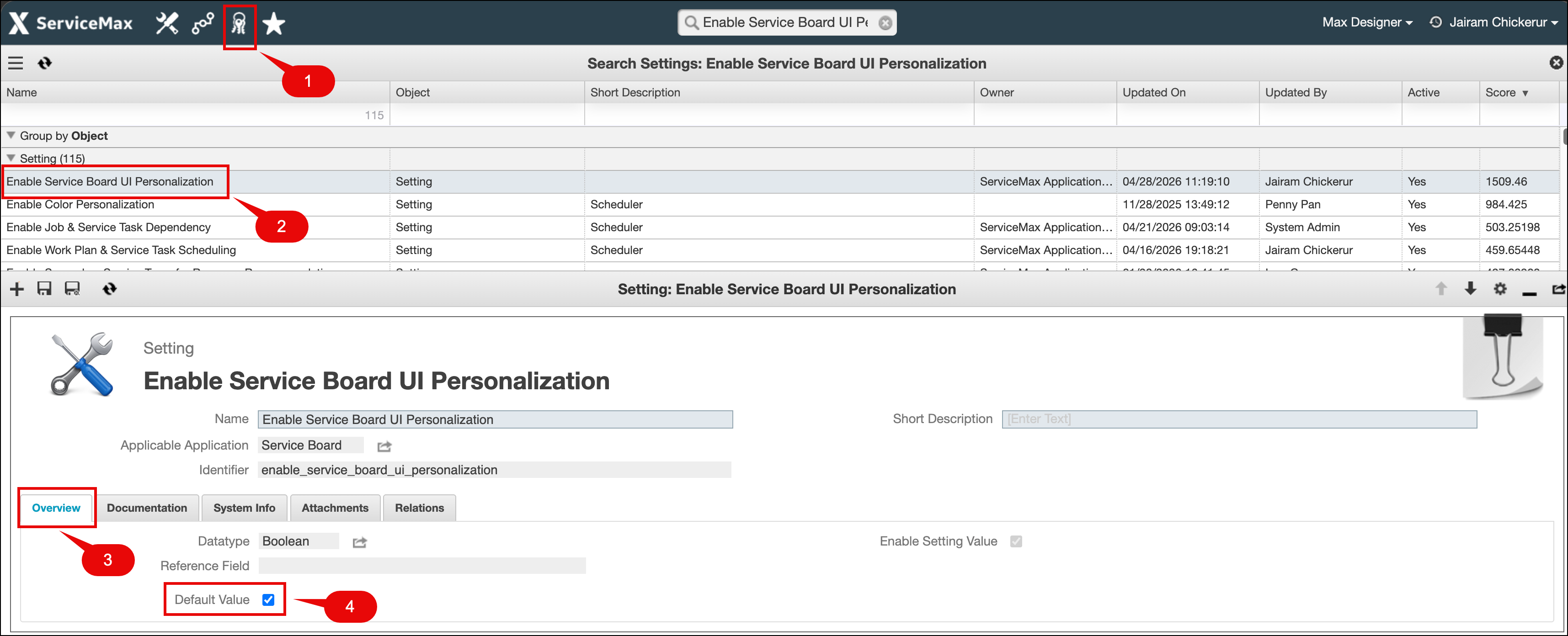 The image displays the Max Admin Settings page showing the Enable Service Board UI Personalisation setting, with the setting selected on the Overview tab. The image displays the Max Admin Settings page showing the Enable Service Board UI Personalisation setting, with the setting selected on the Overview tab.