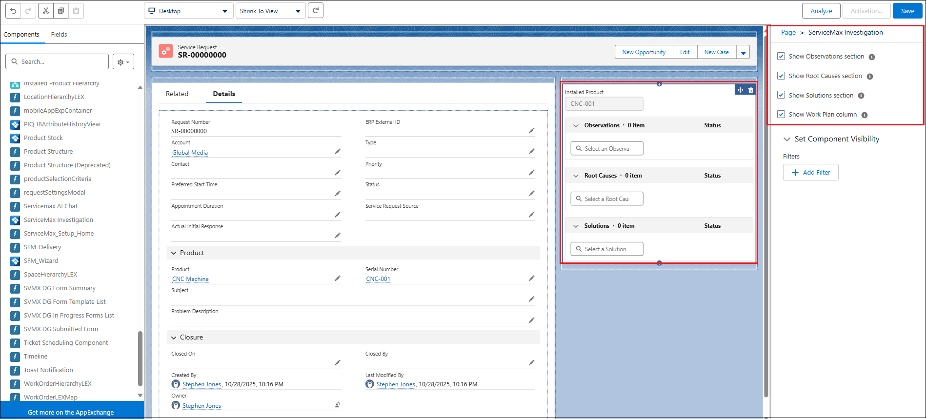 Enabling Lightning Widget for Investigation in Service Request