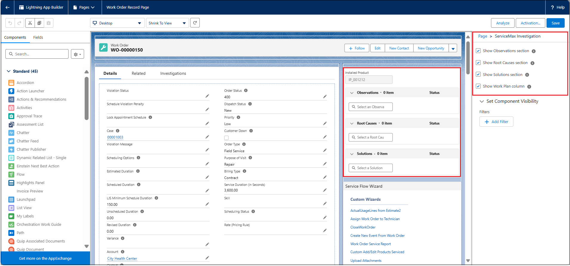 Enabling Lightning Widget for Investigation in Work Order