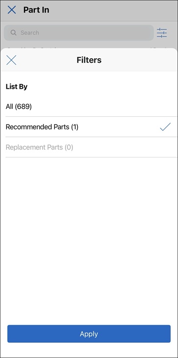 Part In Filter Options for Non-Serialized Parts