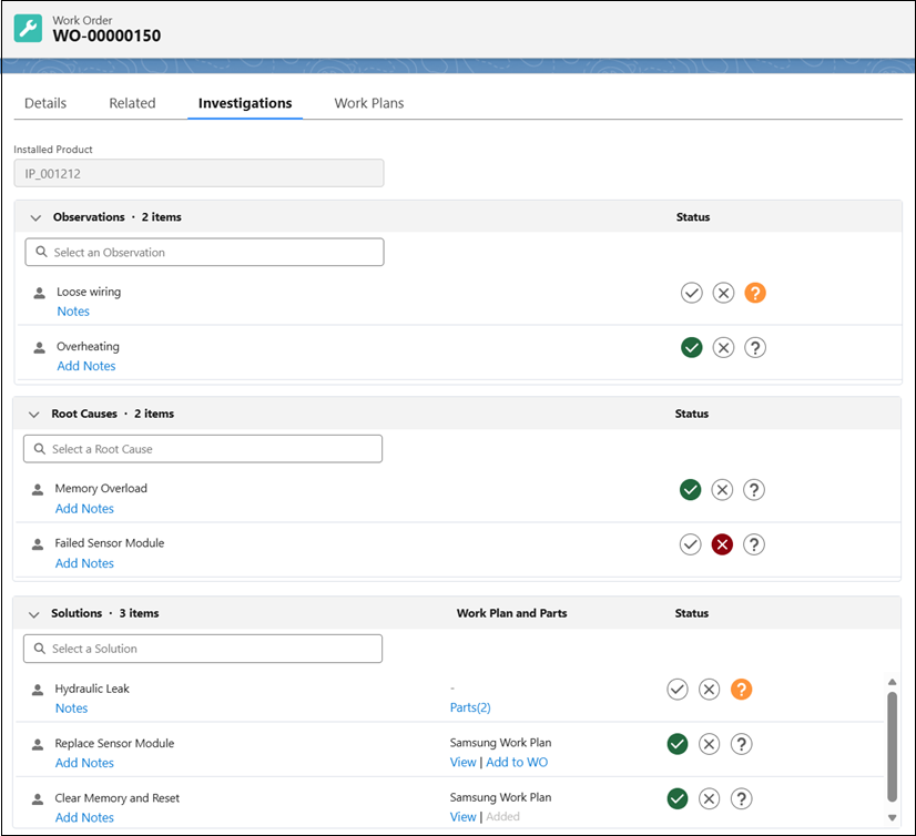 Investigations tab on a Work Order, showing the Observations, Root Causes, and Solutions sections with added dictionary items and a Work Plan and Parts column.