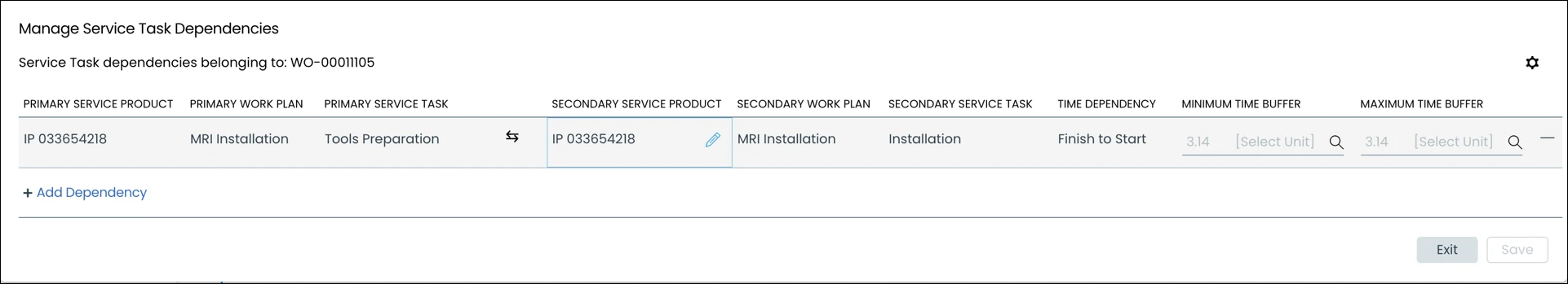 The image displays the Manage Service Task Dependencies table The image displays the Manage Service Task Dependencies table