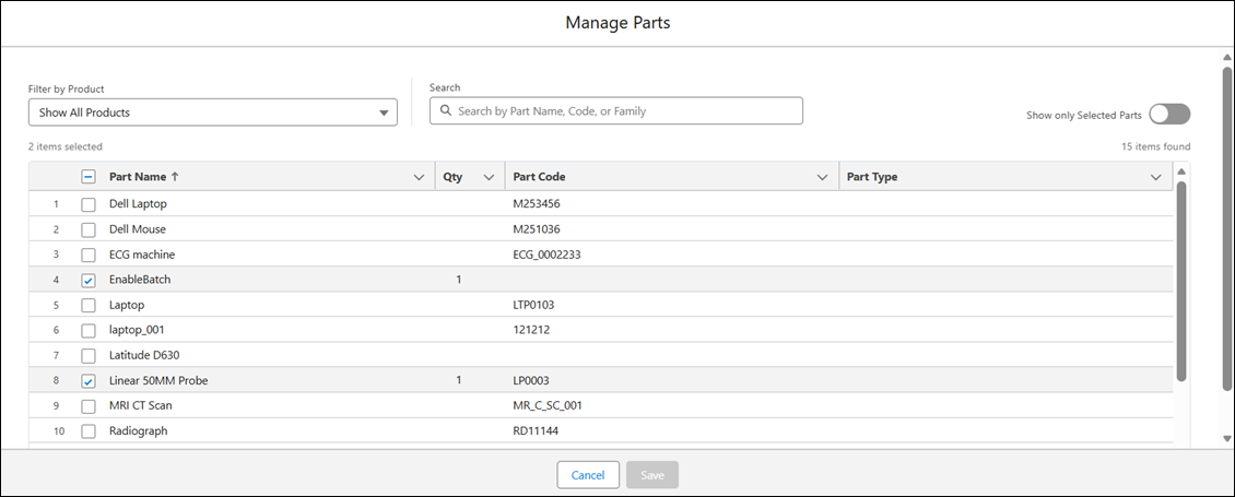Manage Parts window